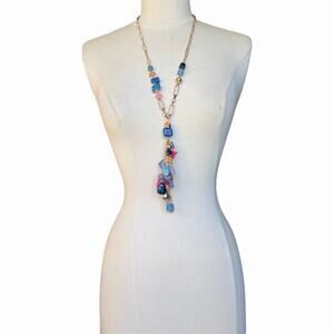 Chico’s NWT Multicolor Beaded Statement Necklace in Gold Tone Tassel Pendant